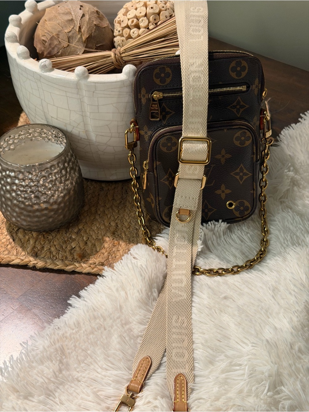 Louis Vuitton Brown Monogram Canvas Crossbody with Cream Strap and Gold Hardware